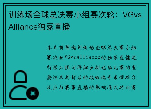 训练场全球总决赛小组赛次轮：VGvsAlliance独家直播